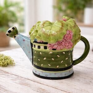 Debbie Mumm Sakura Spring Bloom Ceramic Watering Can Pitcher Floral